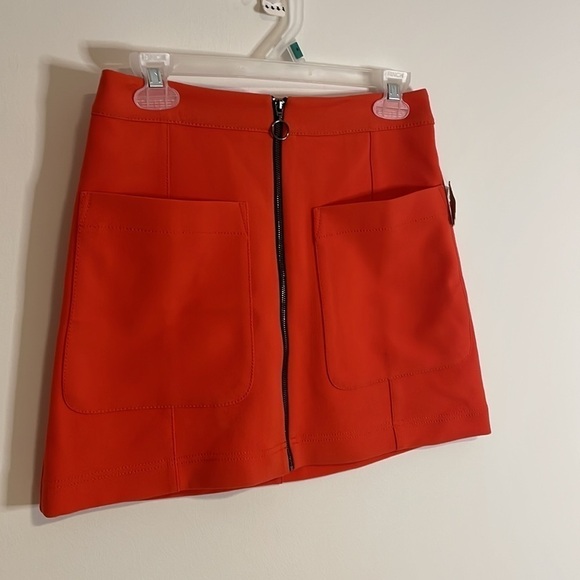 NEW Rachel Mini Skirt 0 Apron Pockets Coral Orange Red Retro Mod Zip Front - Picture 2 of 13
